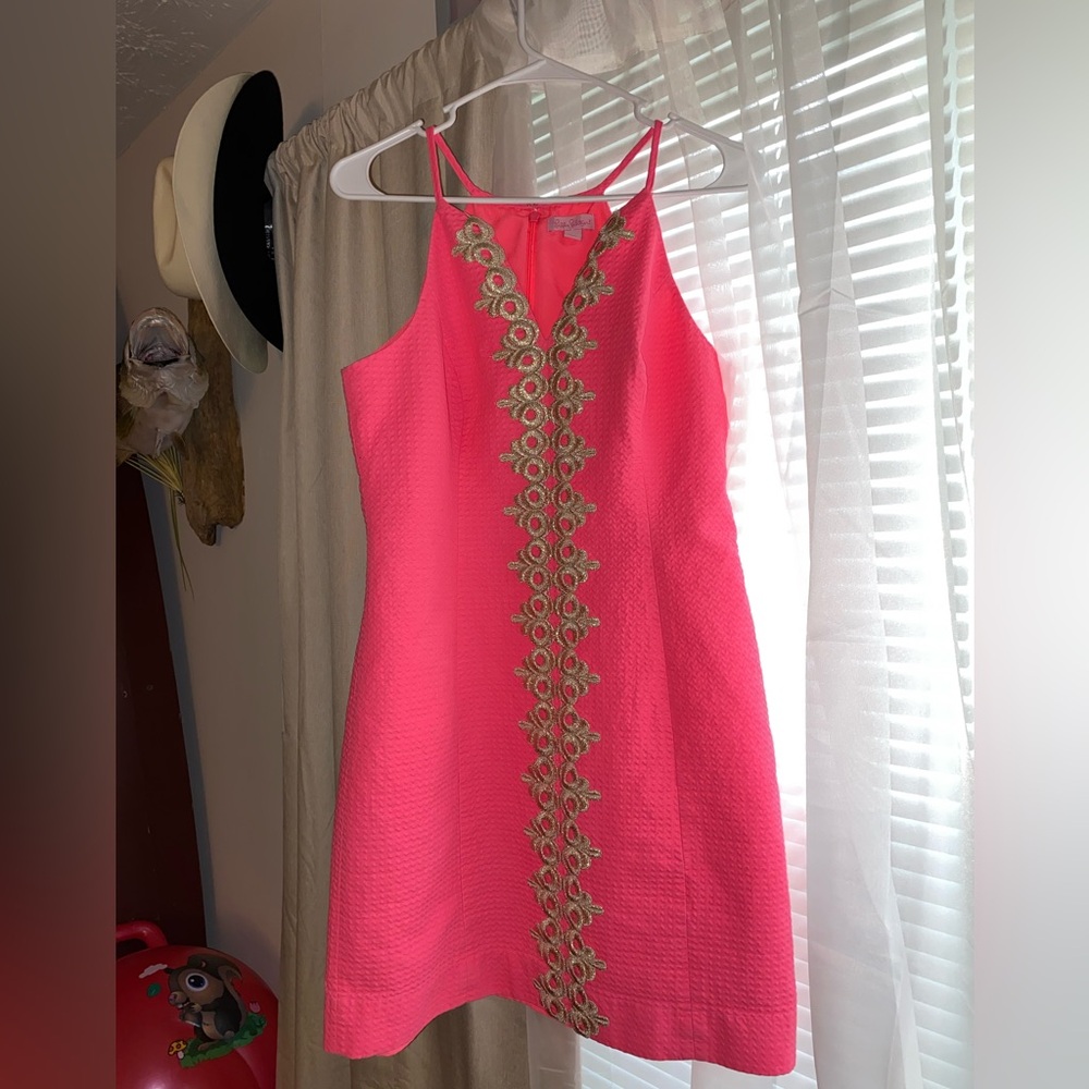 Lilly Pulitzer Pink Shift Dress with Gold Embellished Center